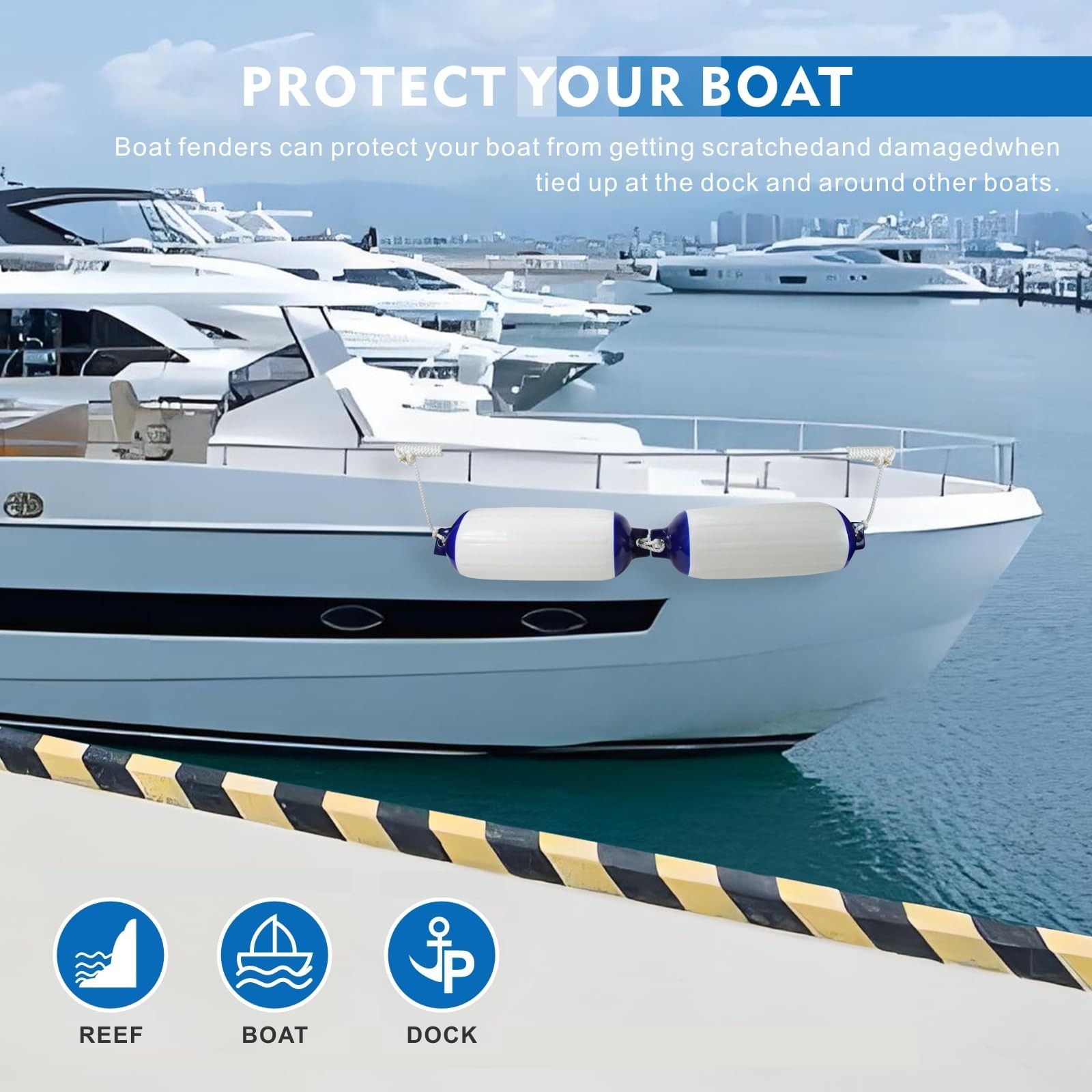 2-Pack Heavy Duty Boat Fenders with Ropes – Saltwater Resistant Rubber Mar