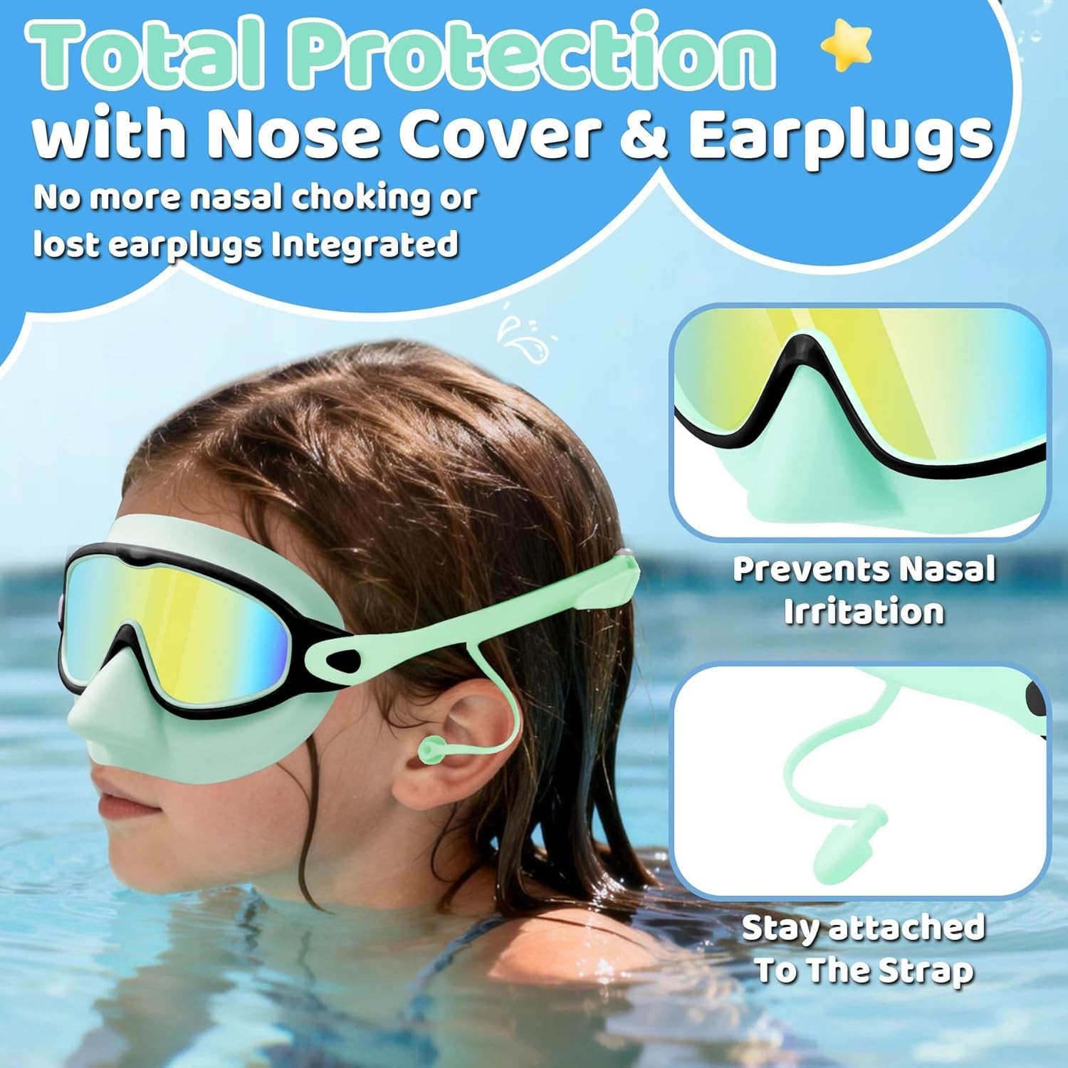 Kids Swim Goggles with Nose Cover & Attached Earplugs, Anti-Fog Wide View Swi…