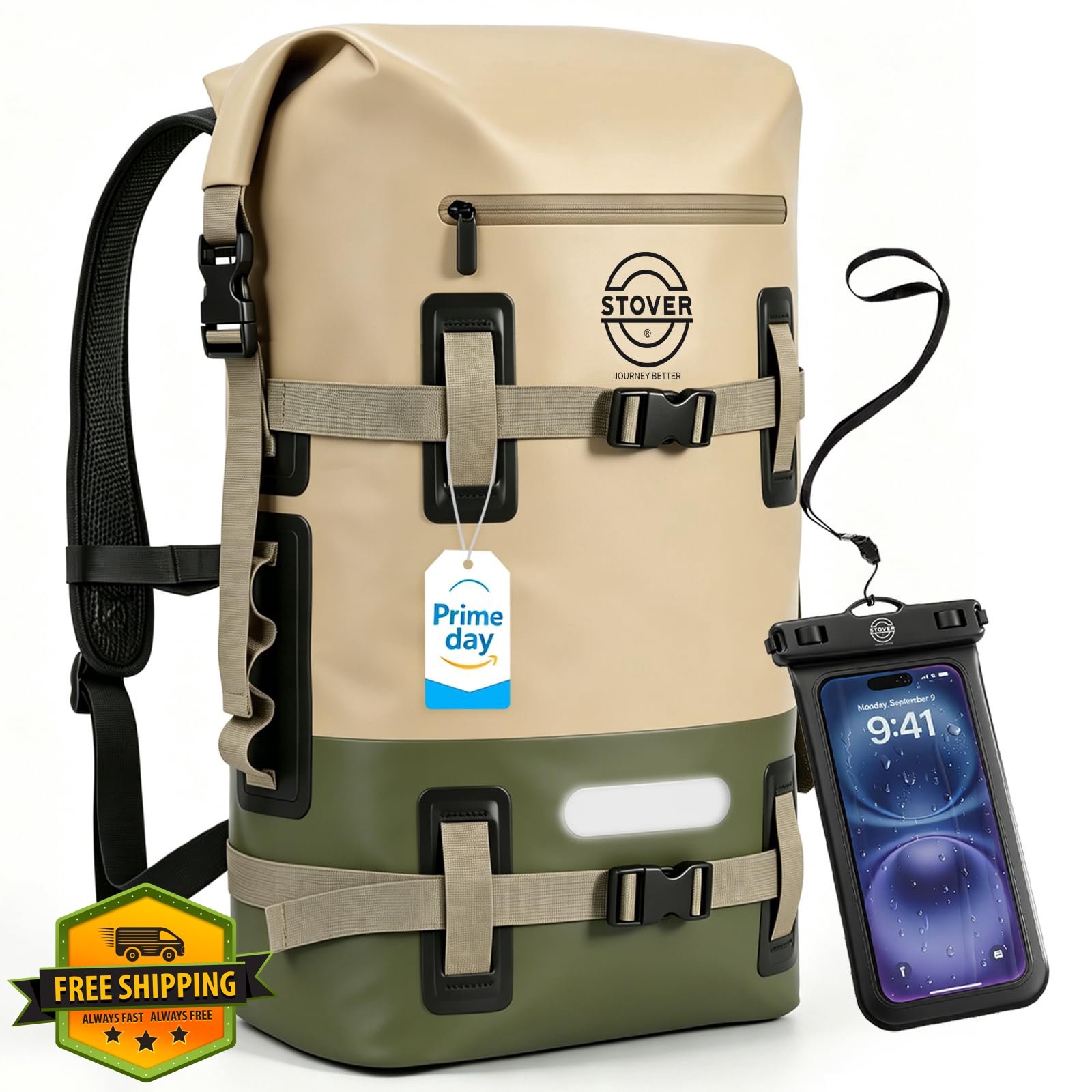 STOVER 30L Waterproof Dry Backpack Tan/Army Green/Brown