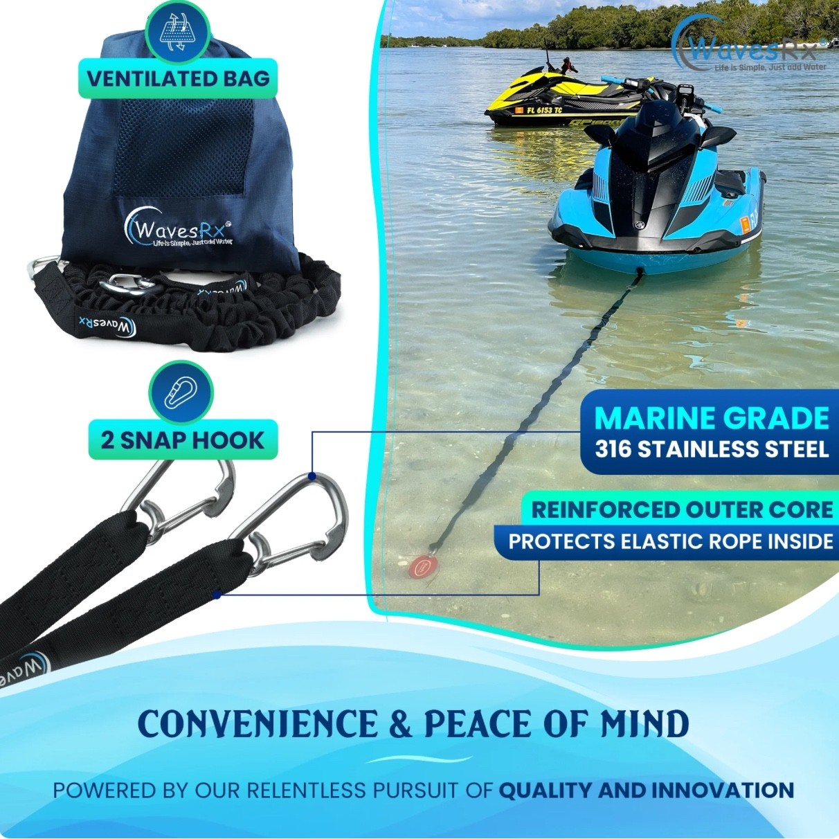 Waves AnchorMate Bungee Line 7-14 Ft Bungee Elastic Anchoring Rope for Jets Ski