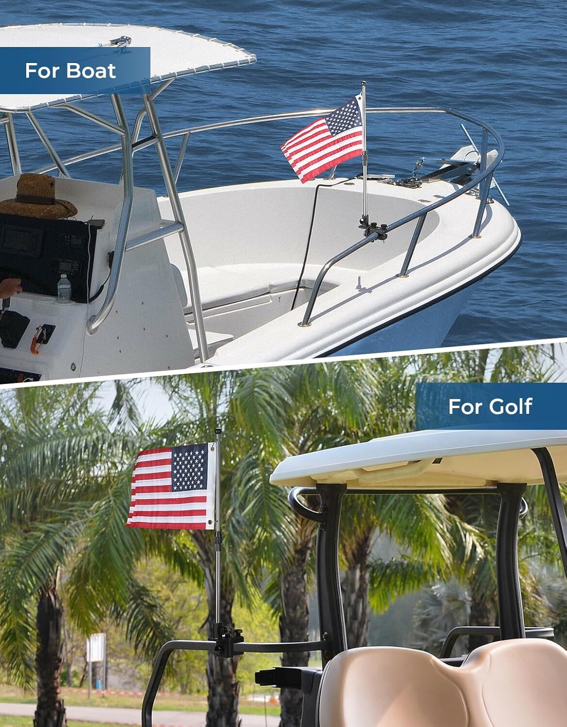 KEMIMOTO Boat American Flag Pole Kit 360° Adjustable 12”x18” Pontoon Boat Flag