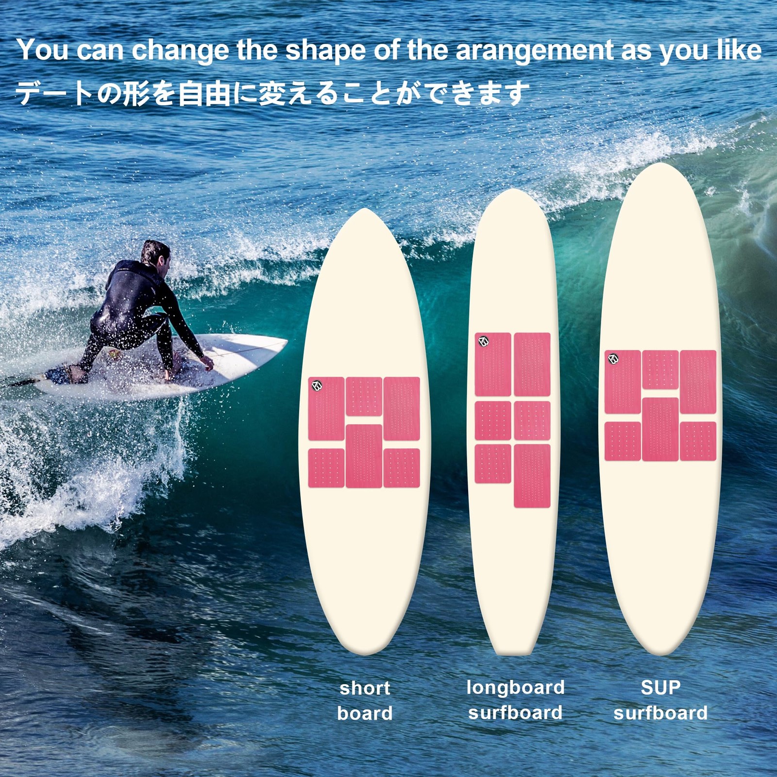 EVA Surfboard Traction Pad 3pcs/6pcs Stomp Pads for All Boards Black/Pink