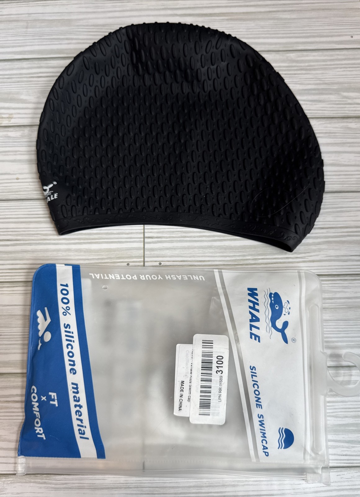 WHALE~Silicone Swimcap~OSFA 100% Silicone Material FT x Comfort, Black Bumps NEW