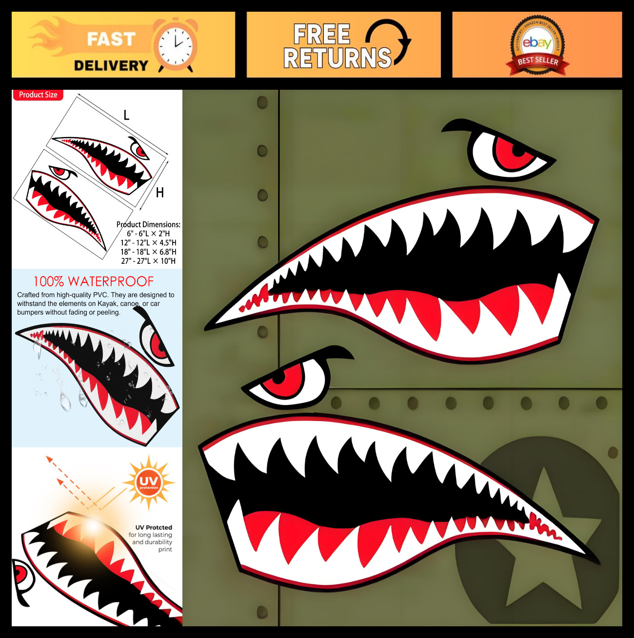 Waterproof Shark Teeth Decals for Kayaks & Boats – PVC Fishing Stickers, 27