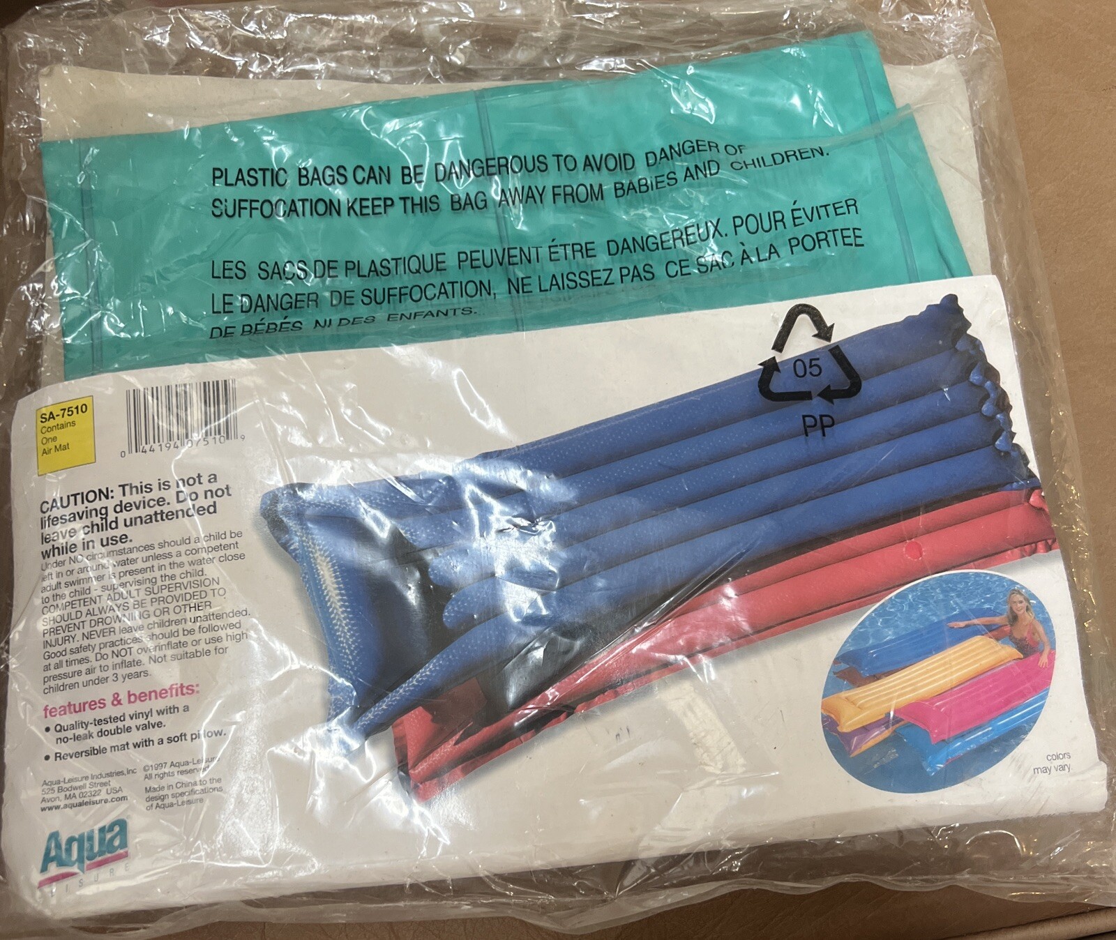 Vintage Vinyl Pool Float 72 In x 30 Teal Raft Air Mat 1997 Aqua Leisure NEW!