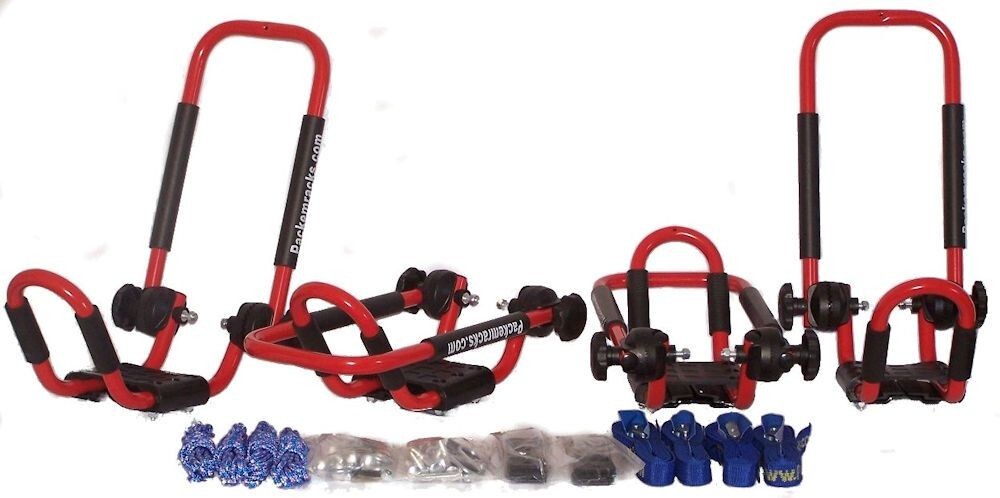 2 Sets Roof Kayak Racks Red, 2 Sets 24″ 36″ 48″ Bungees, 2 Sets Paddle Clips