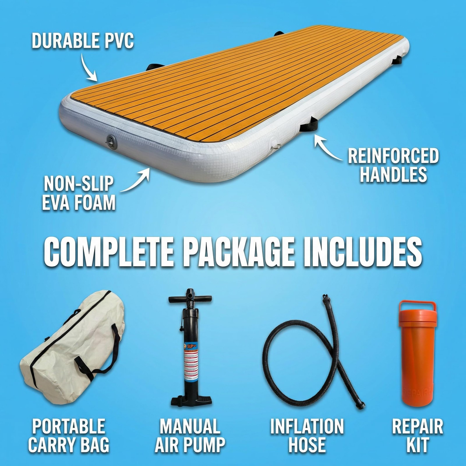 FluxionX Inflatable Dock Platform, 9’10” x 3’3″ x 6″ PVC Floating Water Platform