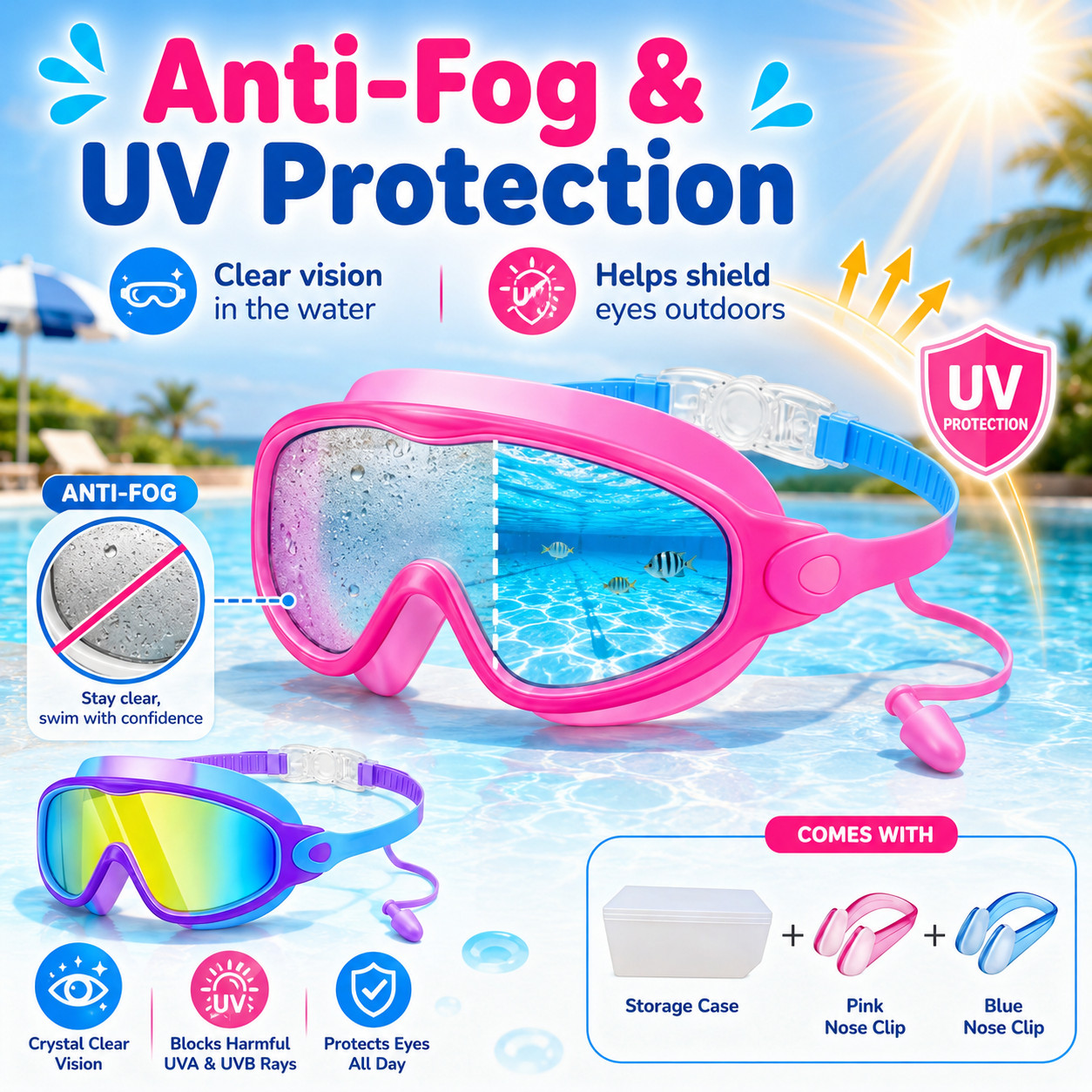 4 Pack Children’s Swimming Goggles,With Nose Clip & Earplug,3-14 Years Boy/Girl