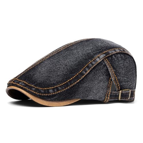 Denim Newsboy Cap for Men Women Adjustable Cotton Flat Cap One Size Black