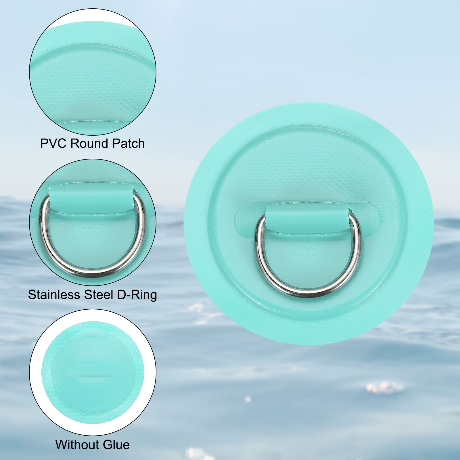 6Pcs Stainless Steel D-Ring Patch Round Patch with Elastic Cords & Hooks Cyan