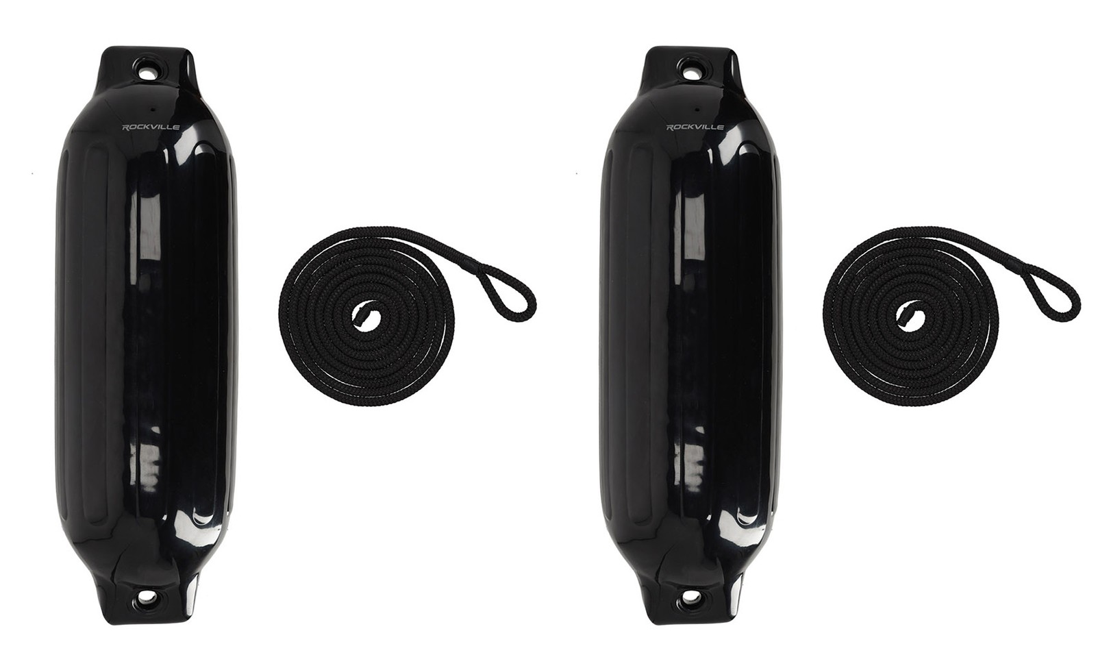 (2) Rockville FEN185-BLACK 8.5″ x 27″ Boat Fenders + 10 Foot Line Marine Bumpers