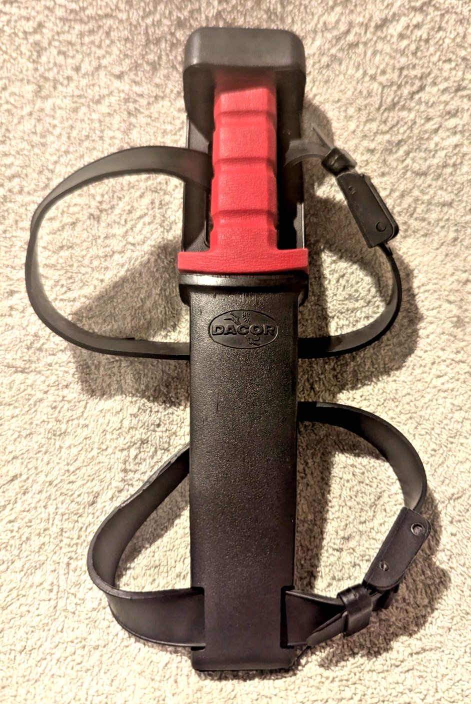 Vintage Dacor Stainless Steel Scuba Diving Knife w/ Rubber Leg Sheath Japan Red