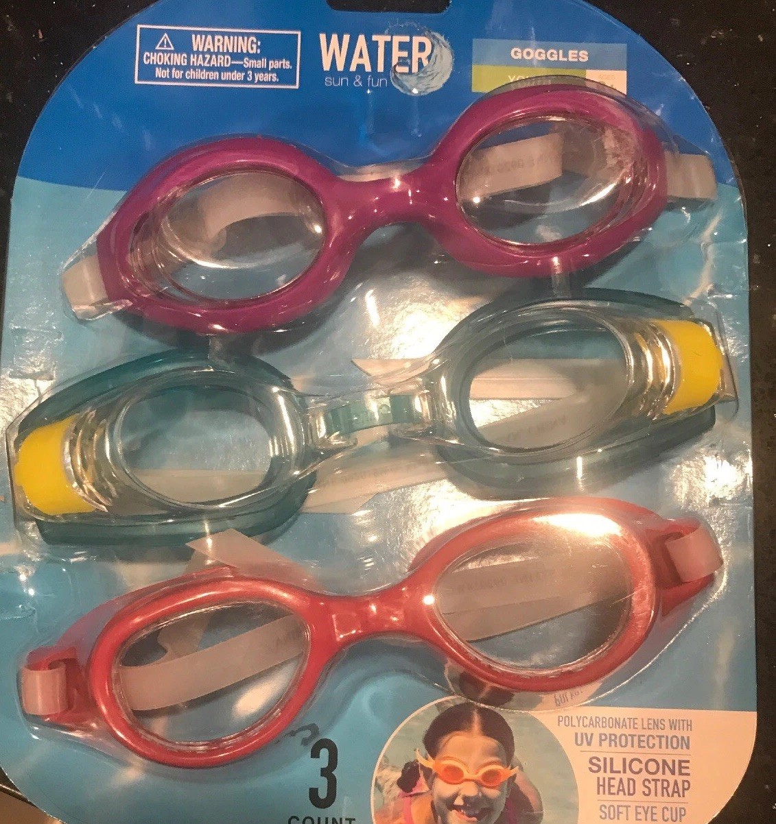Water Sun & Fun Swim Goggles Polycarbonate lens w/UV Protection 3 pack Youth 8+