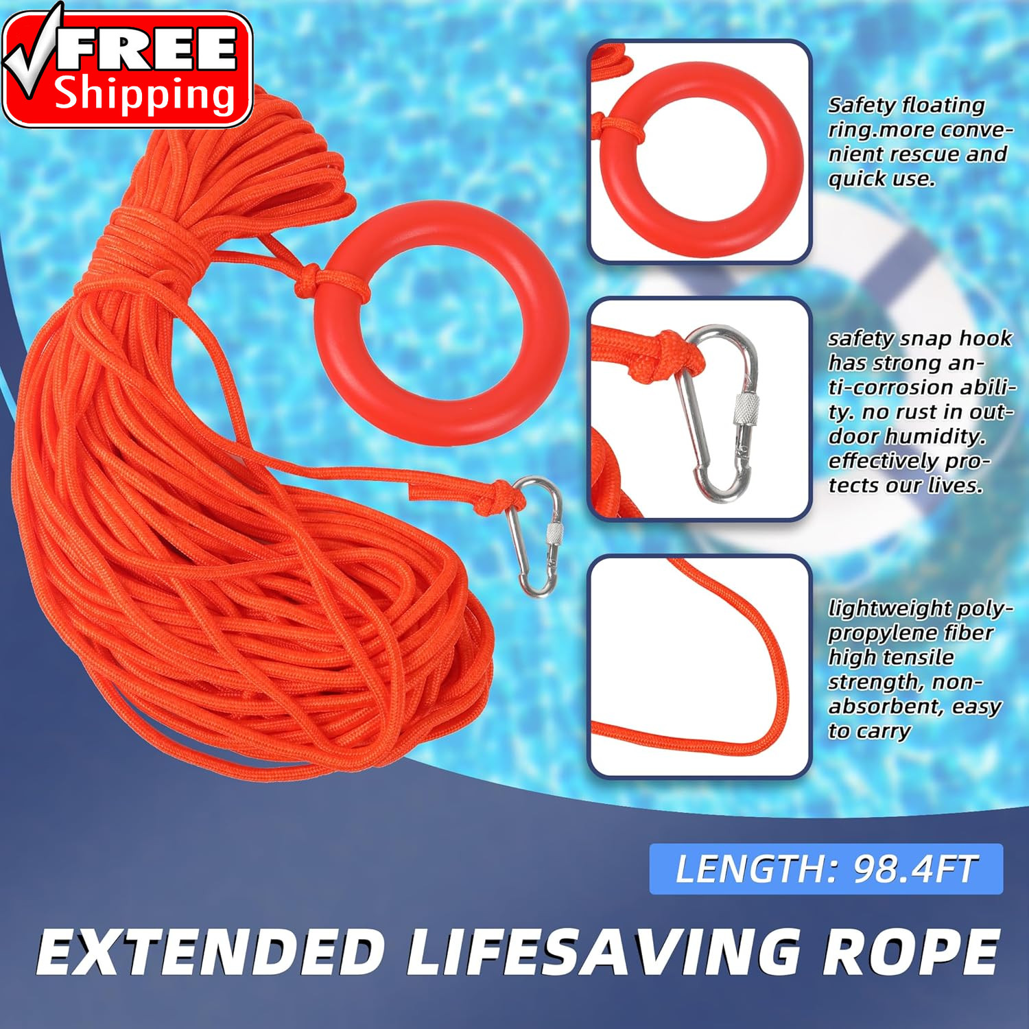 20″ Foam Life Preserver Ring with 98.4Ft Floating Lifesaving Rope, Throwable Flo