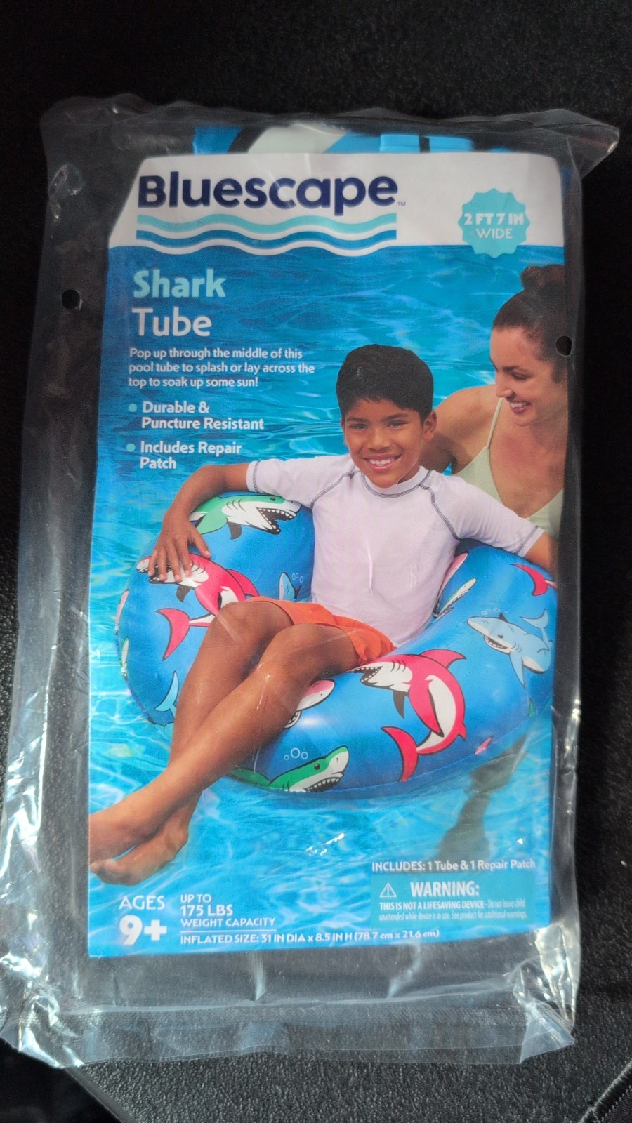 Bluescape Shark Tube Inflatable Swimming Float, Ages 9+, 175 lbs, Durable, Patch