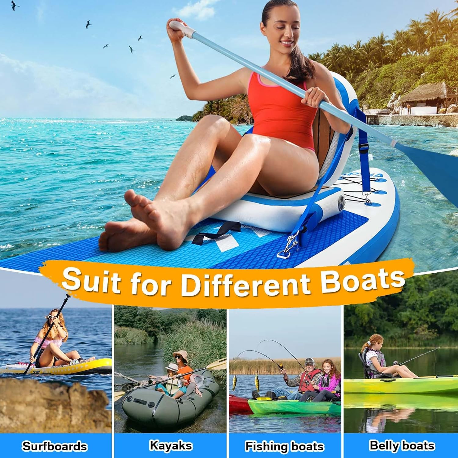 Inflatable Kayak Seat with Back Support, Universal Sturdy Paddle Board Seats for