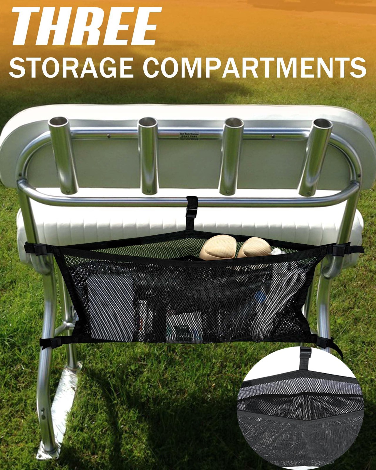 1 PCS 32″ Boat Storage Bag 3 Divisions Adjustable Mesh Organizer Leaning Post