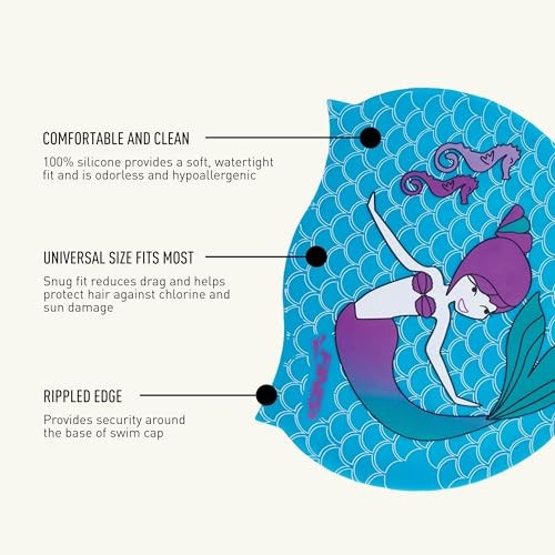 Mermaid Kids Swim Cap – 100% Silicone – Fun Prints – Universal Fit – Chlorine