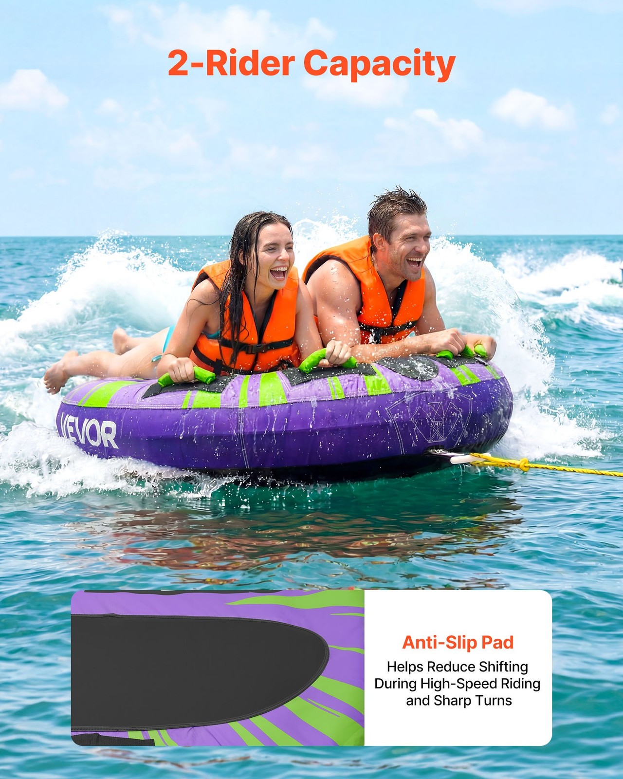 2 Person Towable Boat Tube Inflatable Water Sport Tube w/ Anti-Slip Pad Handles