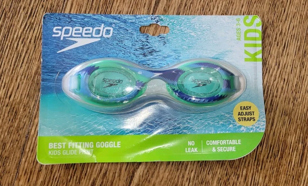 New Sealed Speedo Best Fitting Goggle Kids 3-6 Glide Print Green Blue