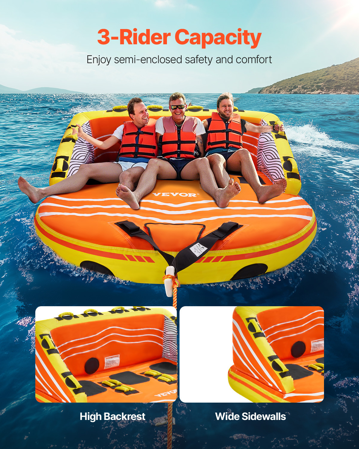 VEVOR Towable Tube for Boating 1-3 Riders Inflatable Boating Tubes Water Sport