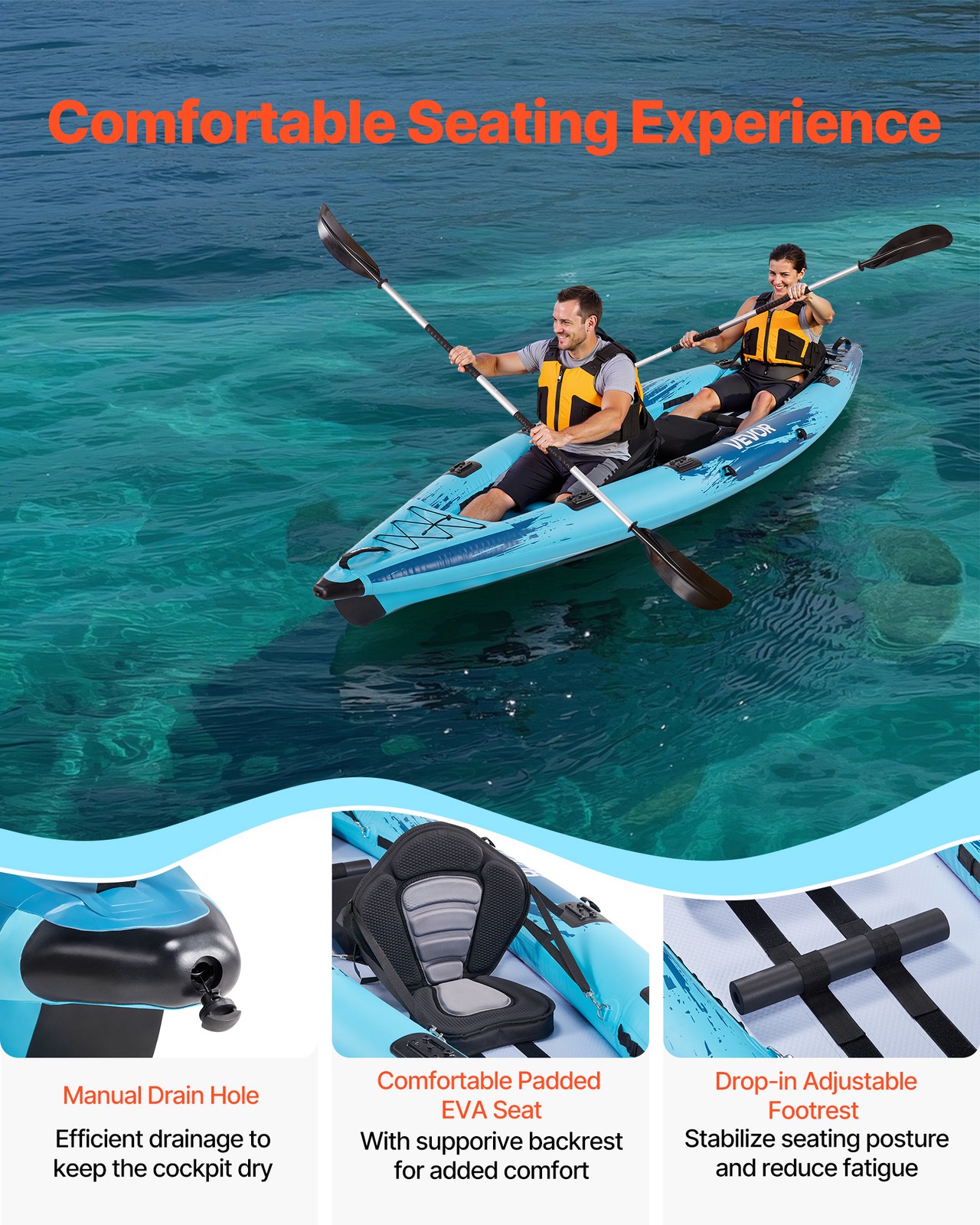 VEVOR Inflatable Kayak 2-Person Inflatable Recreational Kayak 700LBS Capacity
