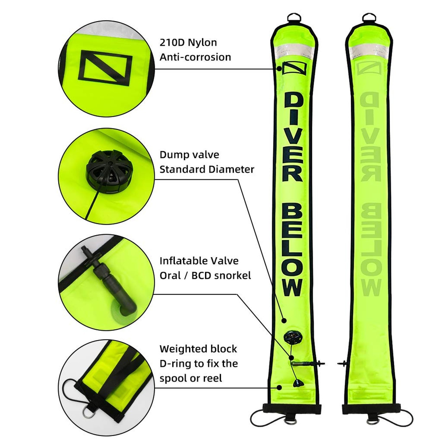 4ft Yellow Scuba Diving SMB, Open Bottom Surface Marker Buoy with Safety Saus…