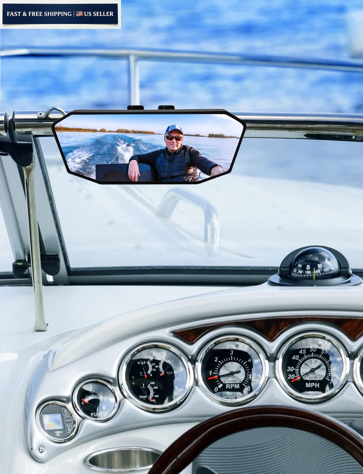 KEMIMOTO Marine Boat Mirror Upgraded Size 10.5 in x 4 in, Square Clamp