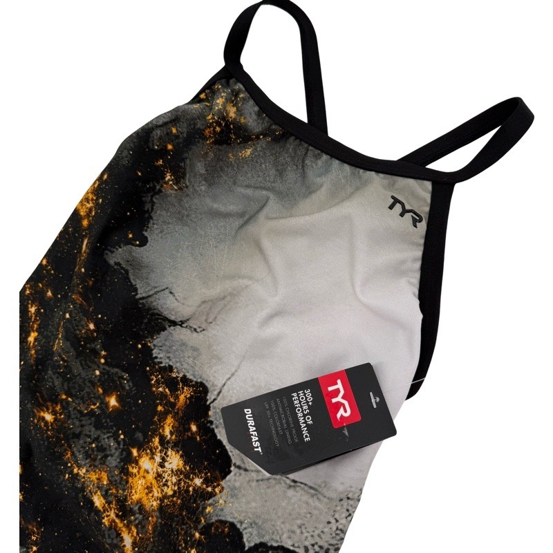 TYR NEW M Size 32 Diamondfit One Piece Swimsuit Black Grey Galaxy Print Training
