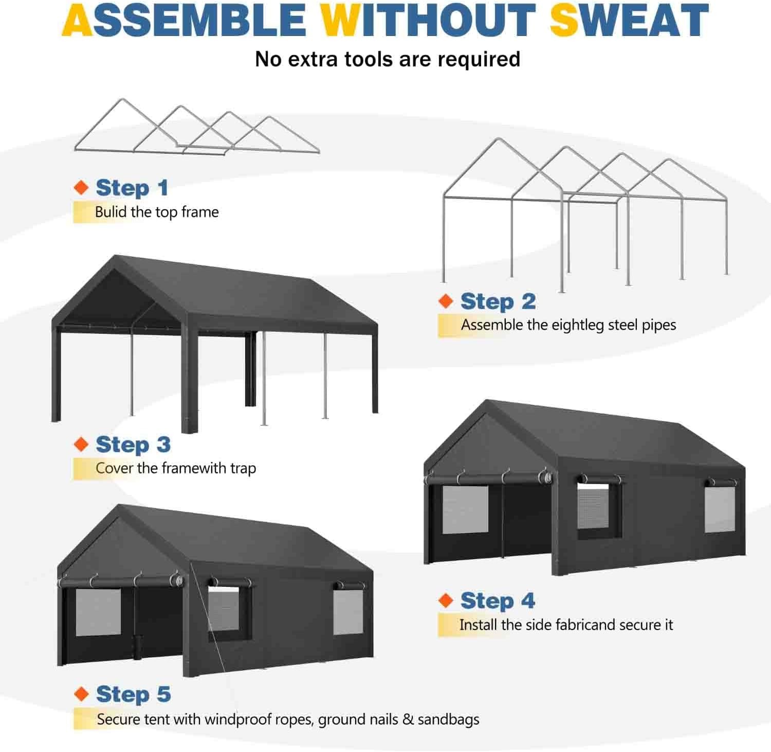 12x20ft Carport with Roll-up Windows, Removable Sidewalls, Doors All-Season Tarp