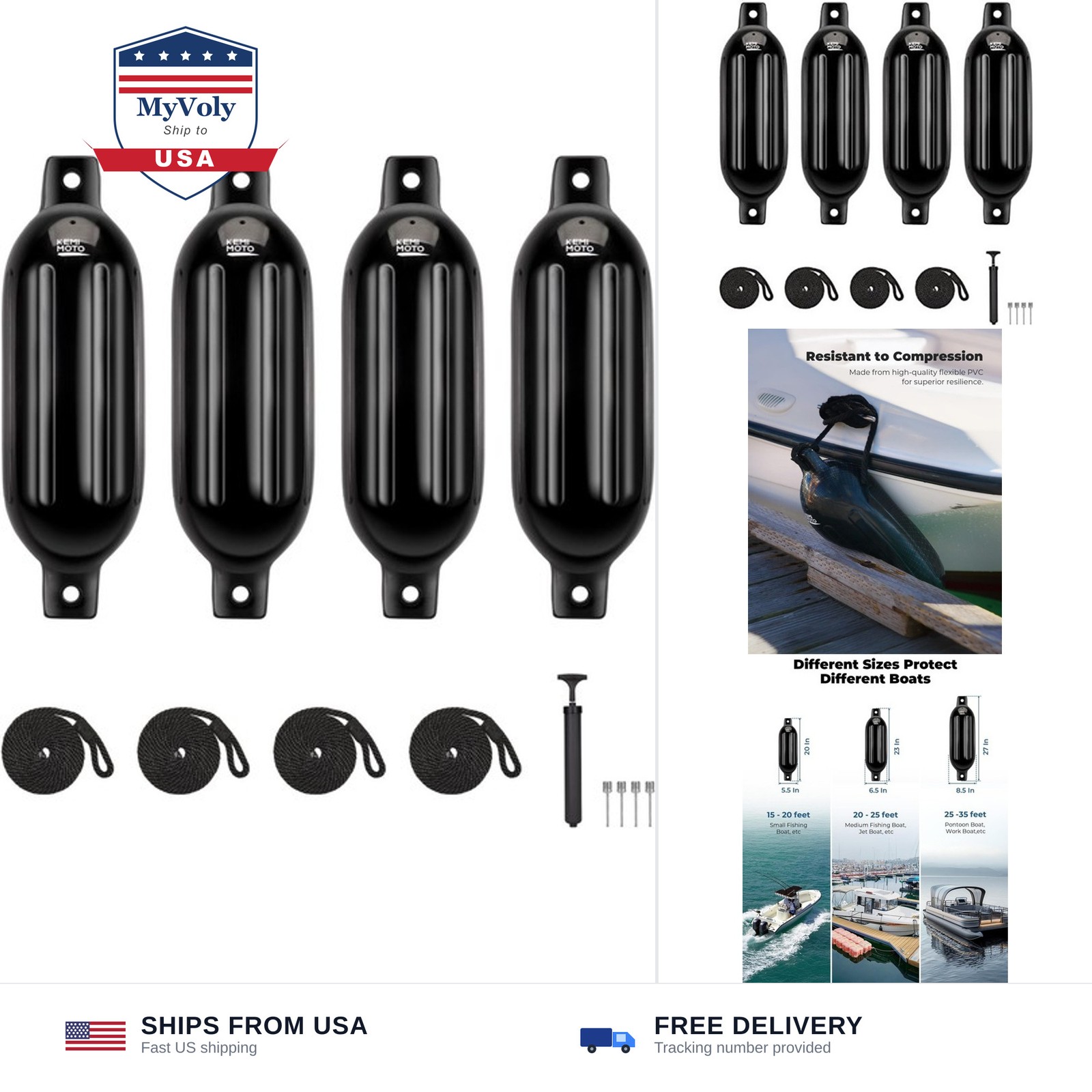 KEMIMOTO Boat Fenders Boat Bumpers for 15-35ft Boat, 4 Pack Inflatable Boat F…