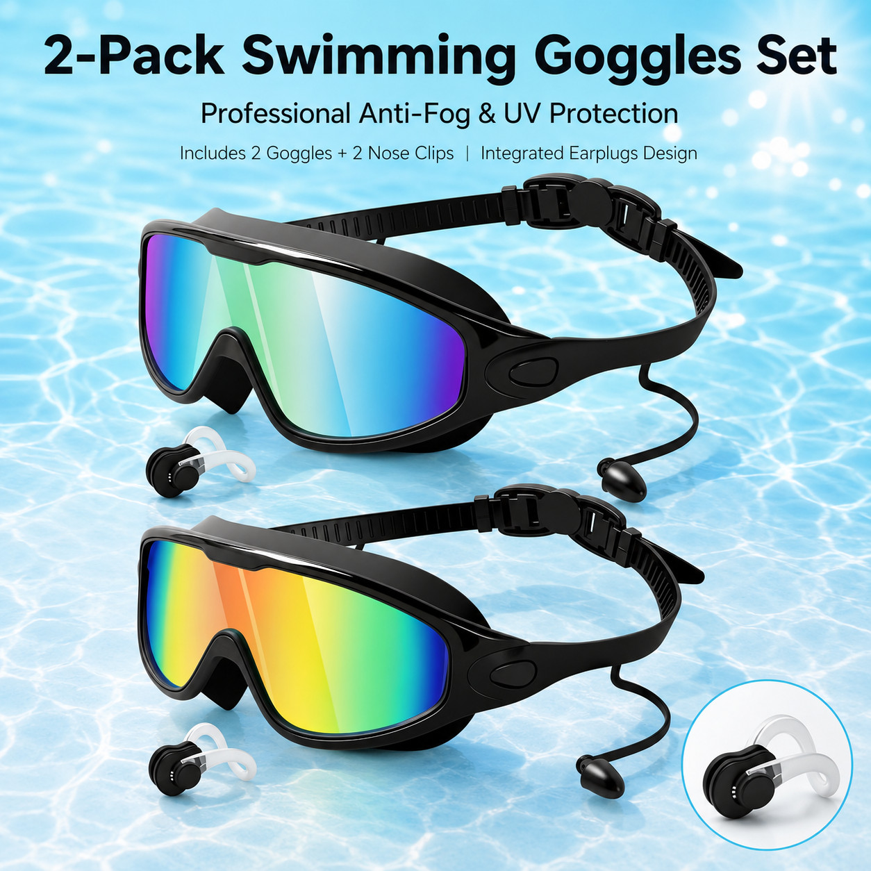 2 Pack Swimming Goggles with Earplugs Anti Fog No Leak Quick Release Men Women