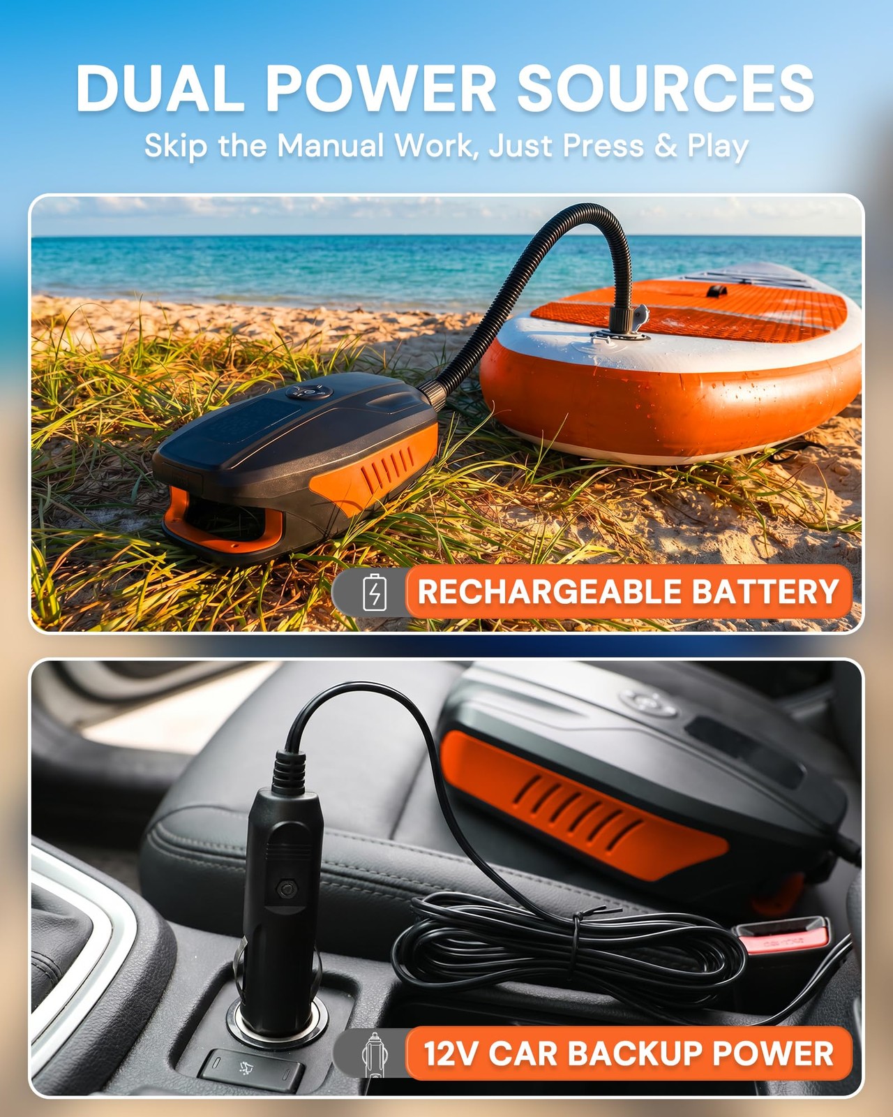 Paddle Board Electric Pump, 18000mAh Rechargeable 20PSI Black with Orange