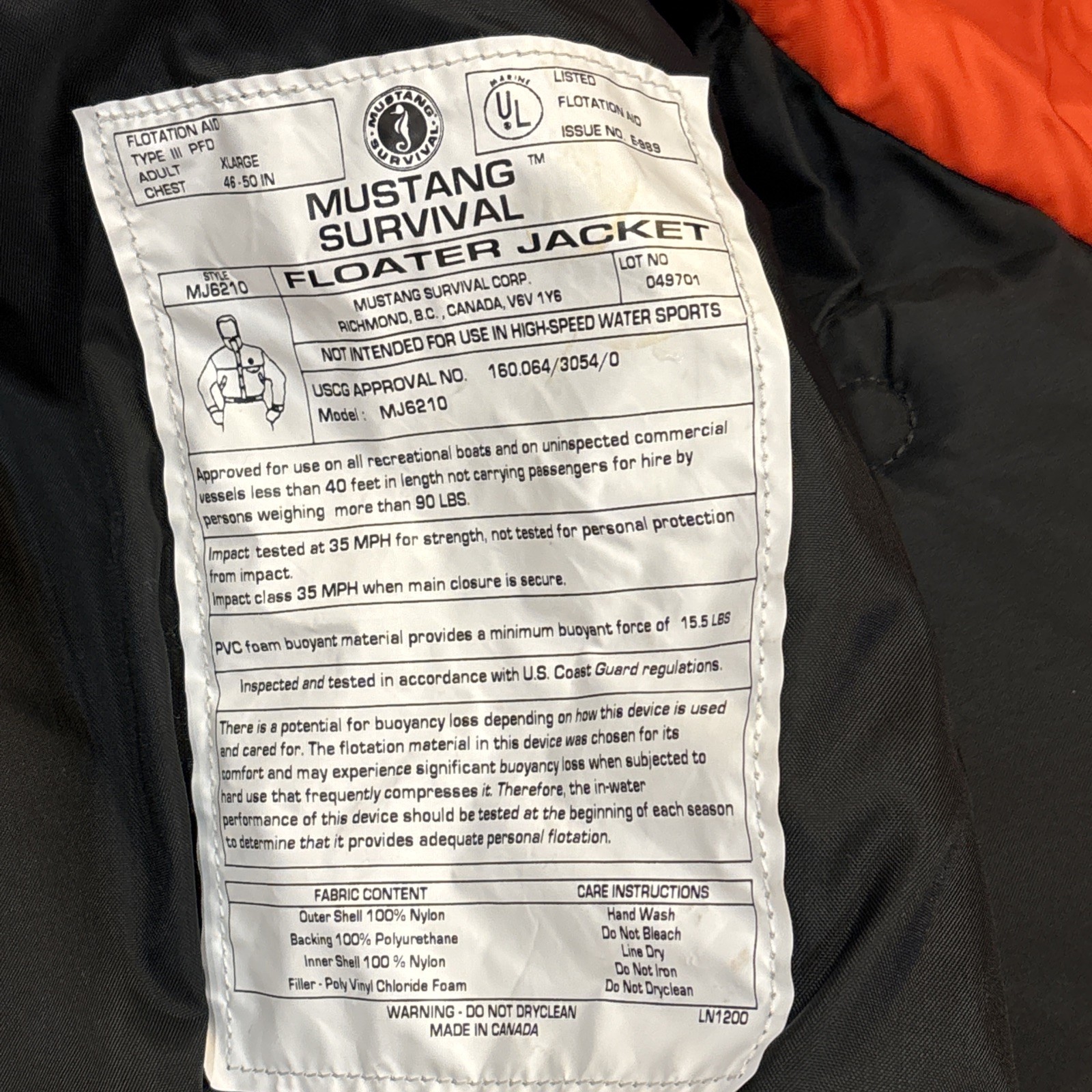 Mustang Survival High-Viz Flotation Bomber Jacket Orange Size XL 46-50