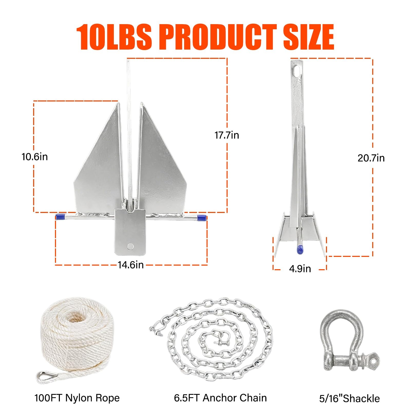 Fluke Style Boat Anchor Kit, Heavy Duty Galvanized Danforth Anchor