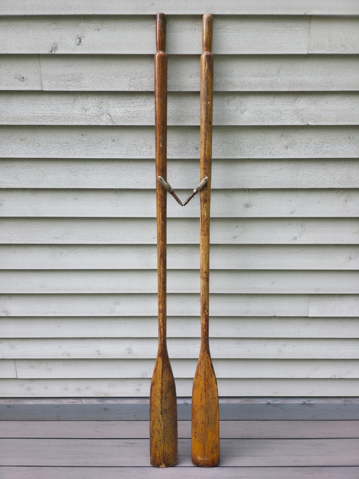 VINTAGE Old LIGHT BROWN Wooden Paddles Oars with OARLOCKS Measures 72″ 6 ft