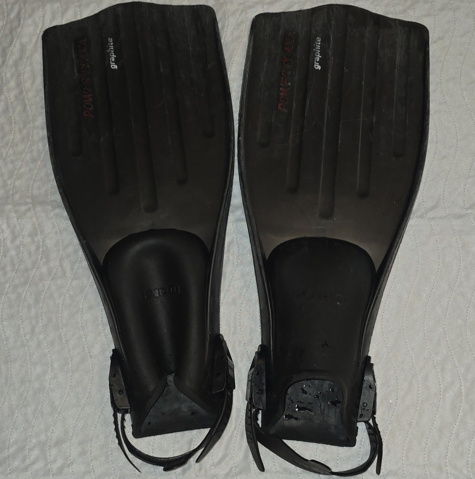 Vintage AMF Mares Power Plana Graphite Scuba Fins Black Open Heel Diving Regular