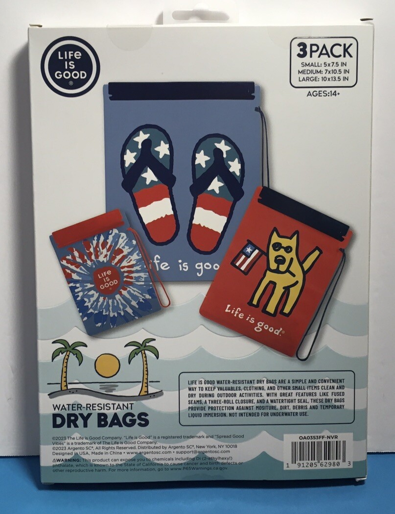 LIFE IS GOOD PATRIOTIC 3PK REUSABLE WATER-RESISTANT DRY BAGS Various Sizes NIB