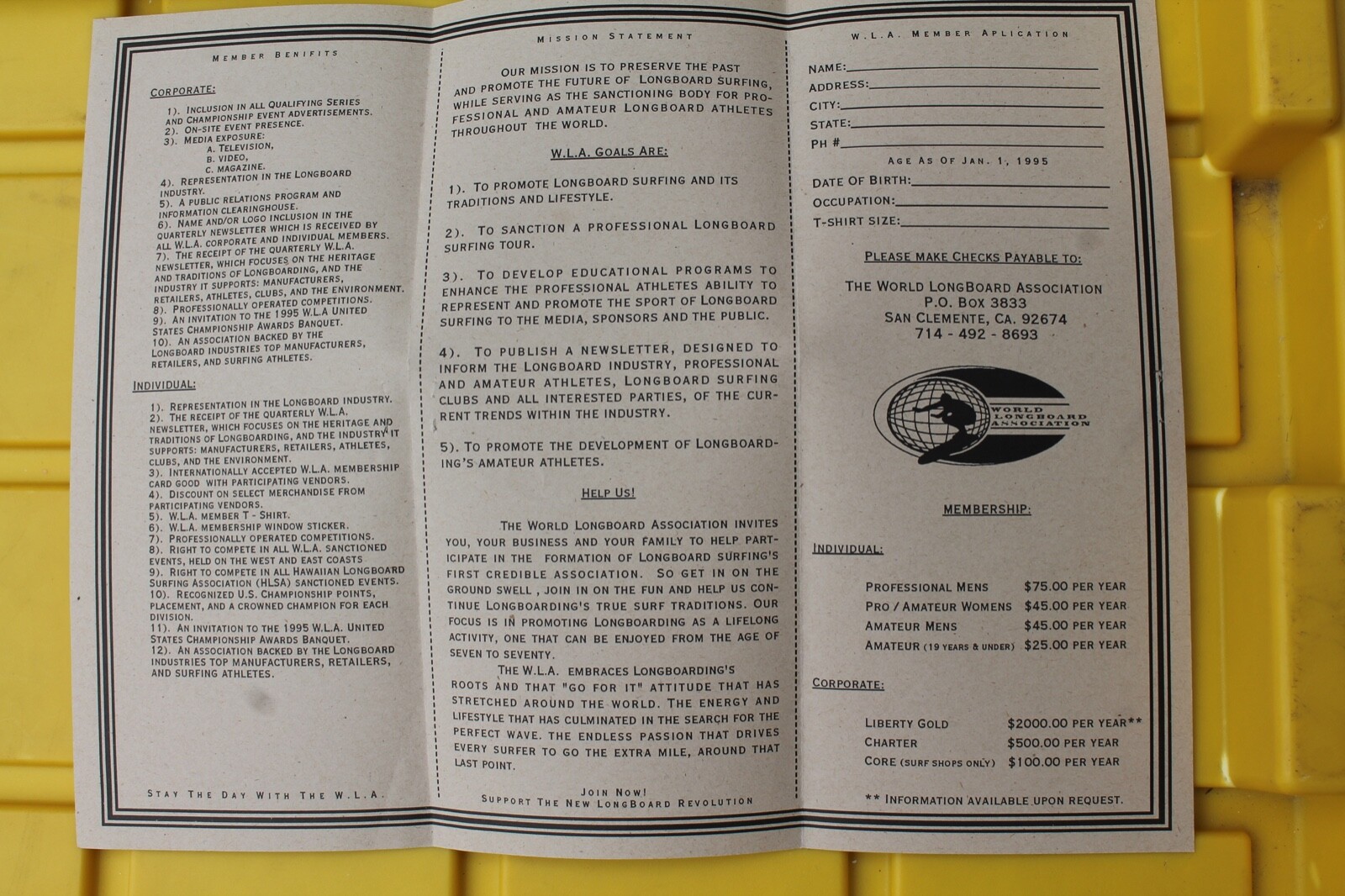 World Longboard Association WLA Vintage 1995 Surfing Original Application Form
