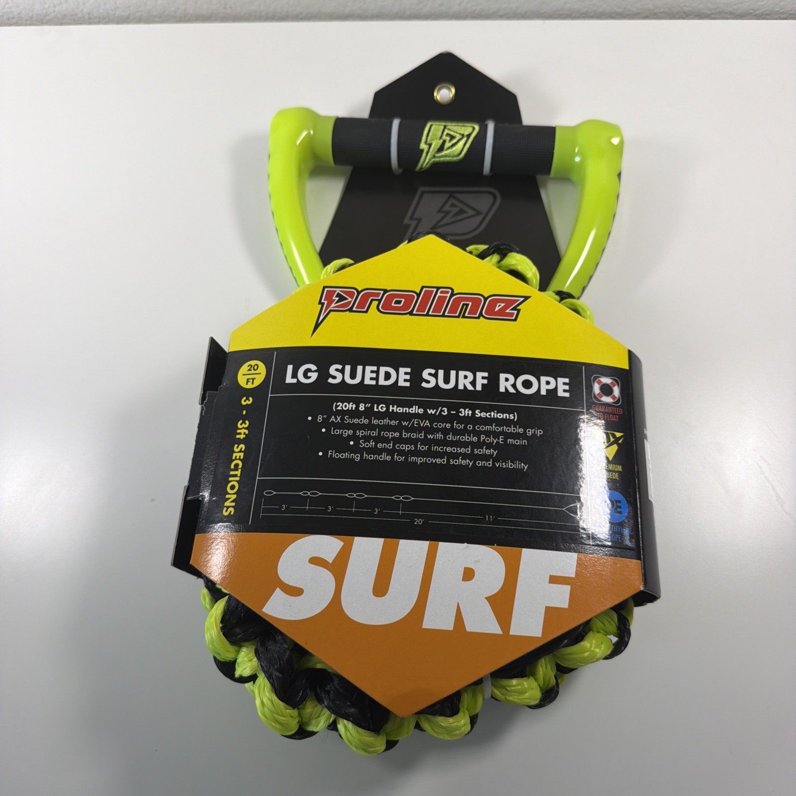 New Proline LG Suede Wake surf Rope Volt Black Yellow 20ft Heavy Handle Boat