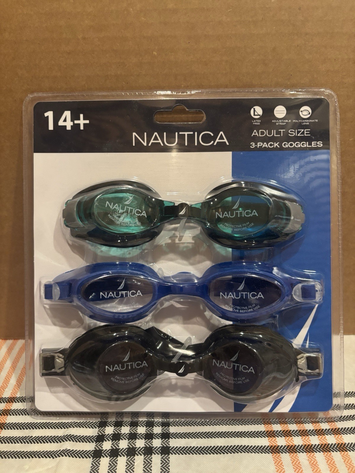 Nautica Swim Goggles 3-Pack 14+ Latex Free Polycarbonate Lens Adjustable NEW