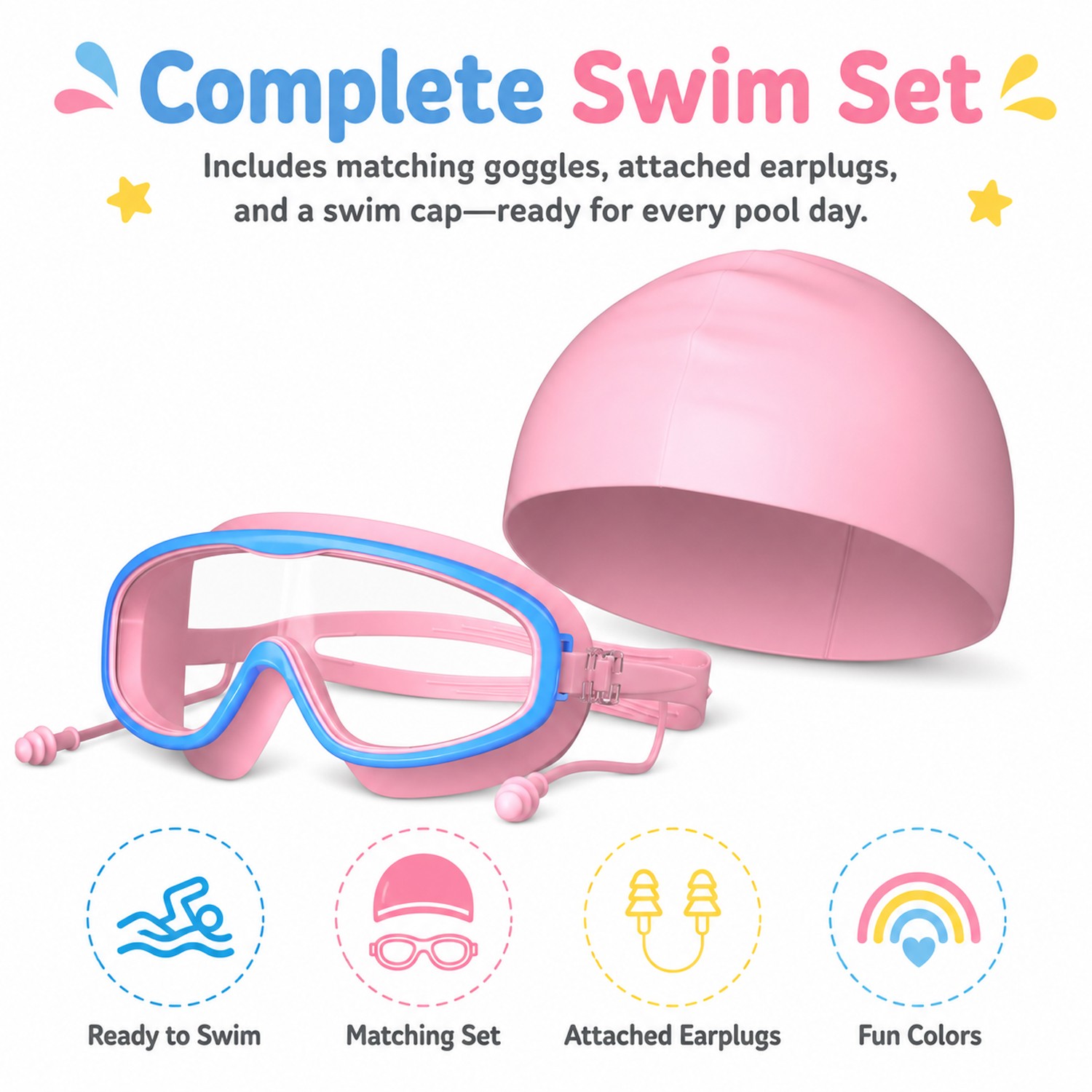 2PCS Kids Swimming Goggles And Swim Cap Set for 3-15 UV Protection Anti-Fog Pool