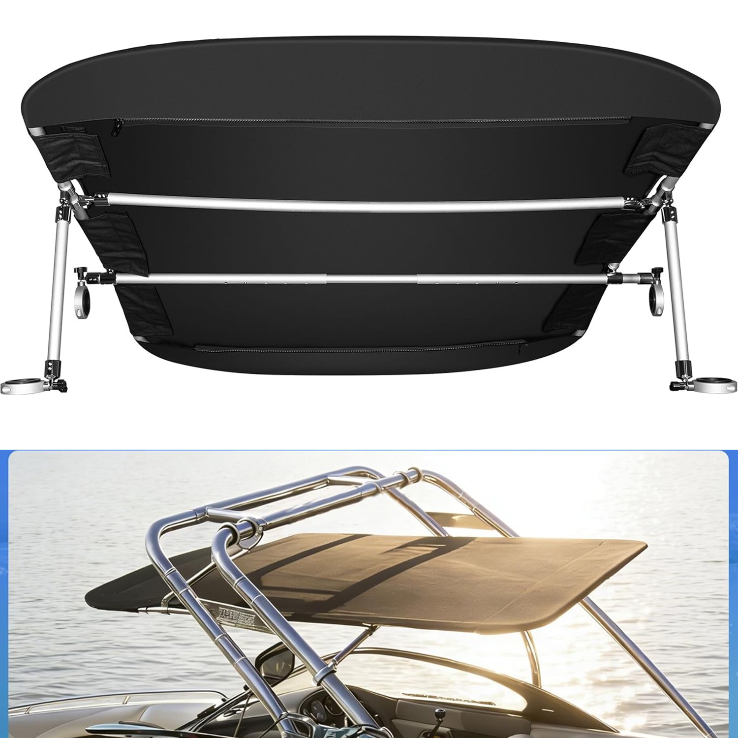 Universal Wakeboard Tower Boat Bimini Top 600D Bimini Top Canvas w/ 1″ Aluminum