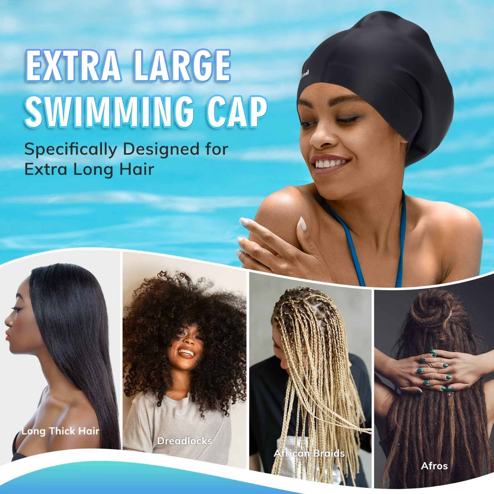 Swim Cap for Long Thick Hair, 3 Size Silicone Swimming Caps X-Large, Black