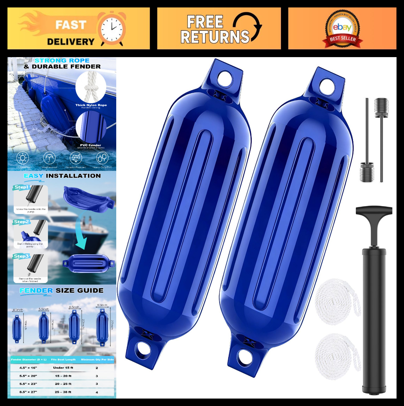 Inflatable Boat Fenders 2-4 Pack, Ribbed Twin-Eye Bumpers, Marine-Grade PVC, 4.5