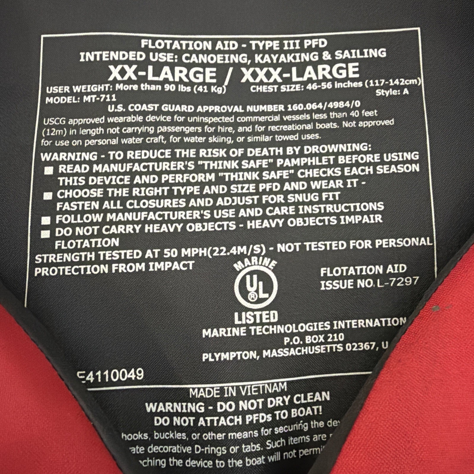 MTI Adventurewear APF (All Person Fit) PFD Life Jacket XX XXX Large