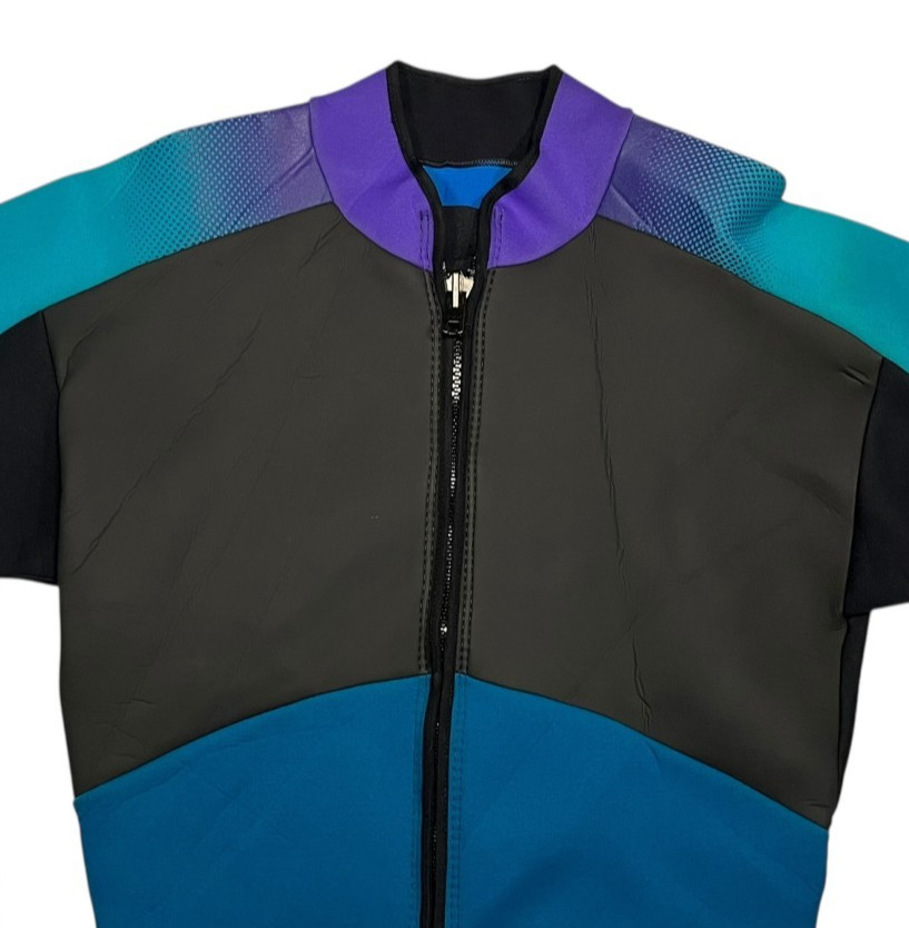 Vtg SLIPPERY WHEN WHEN Teal/Purple Neoprene FULL-ZIP WETSUIT TOP Rash Guard Adul