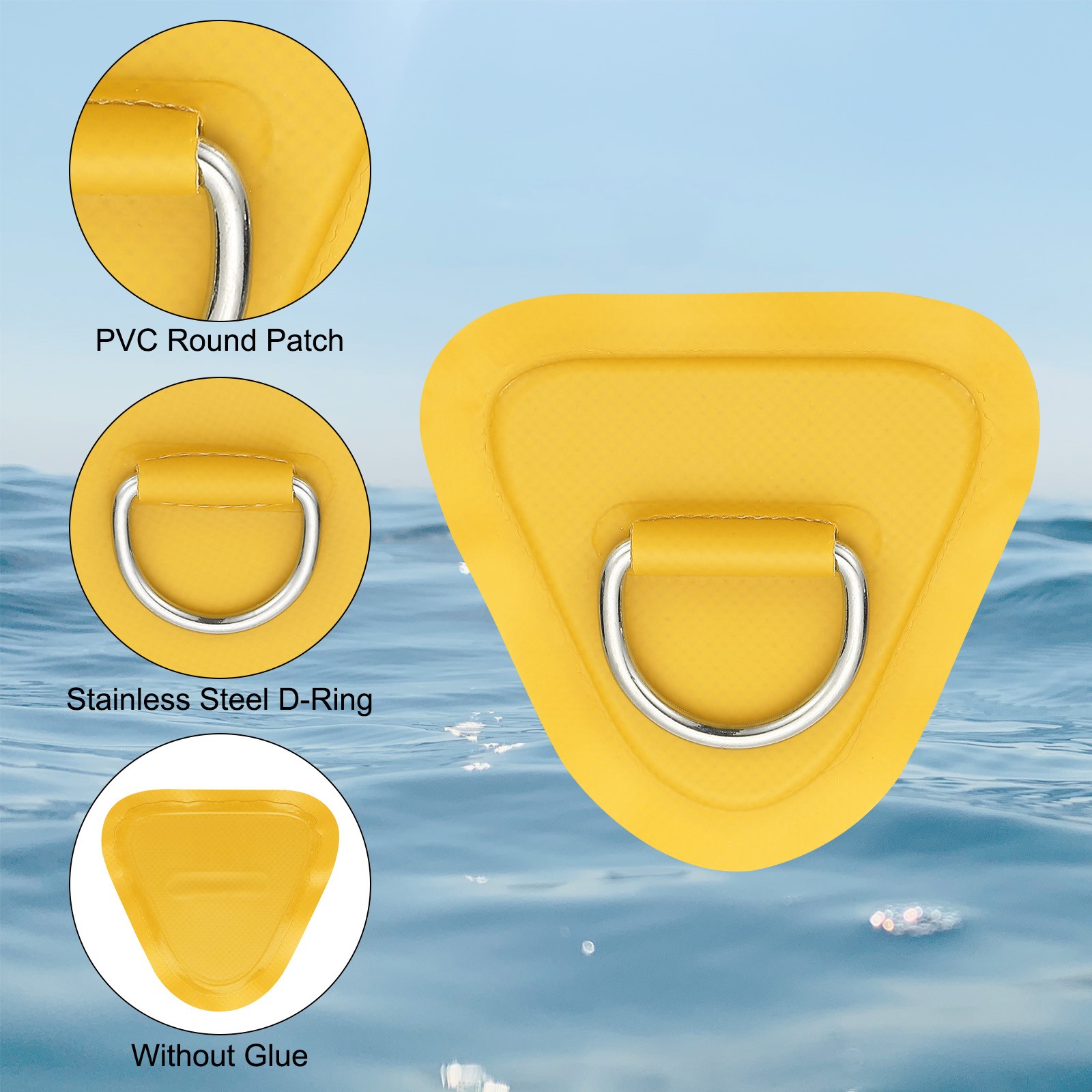 6 Pcs 3.5″ Paddle Board D Rings, Stainless Steel D-Ring PVC Patch, Yellow