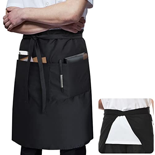 Long Server Apron with 3 Pockets Bistro Half Aprons 1 PACK(34×28 Inches) Black