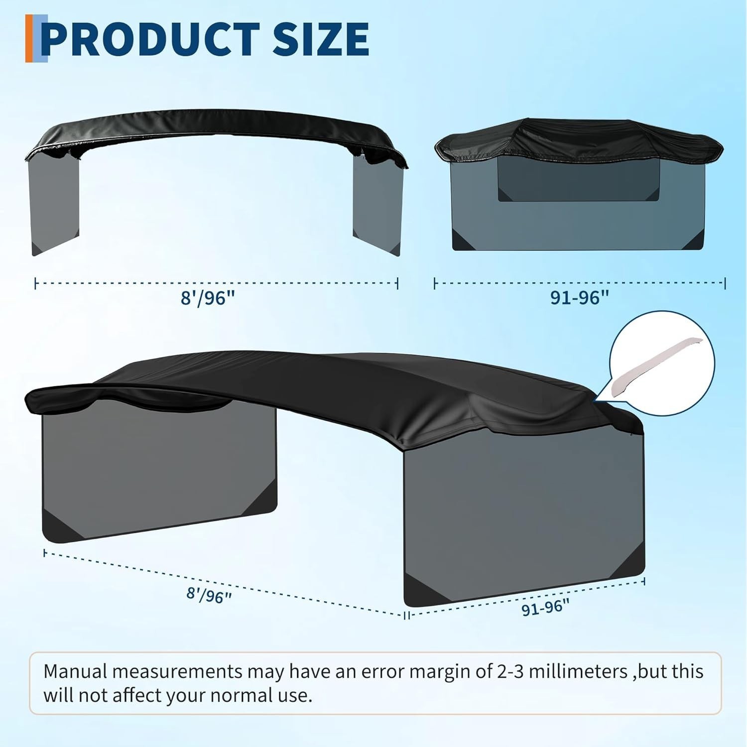 600D 4 Bow Bimini Replacement Canvas 8FT Boat Sun Shade Side Walls